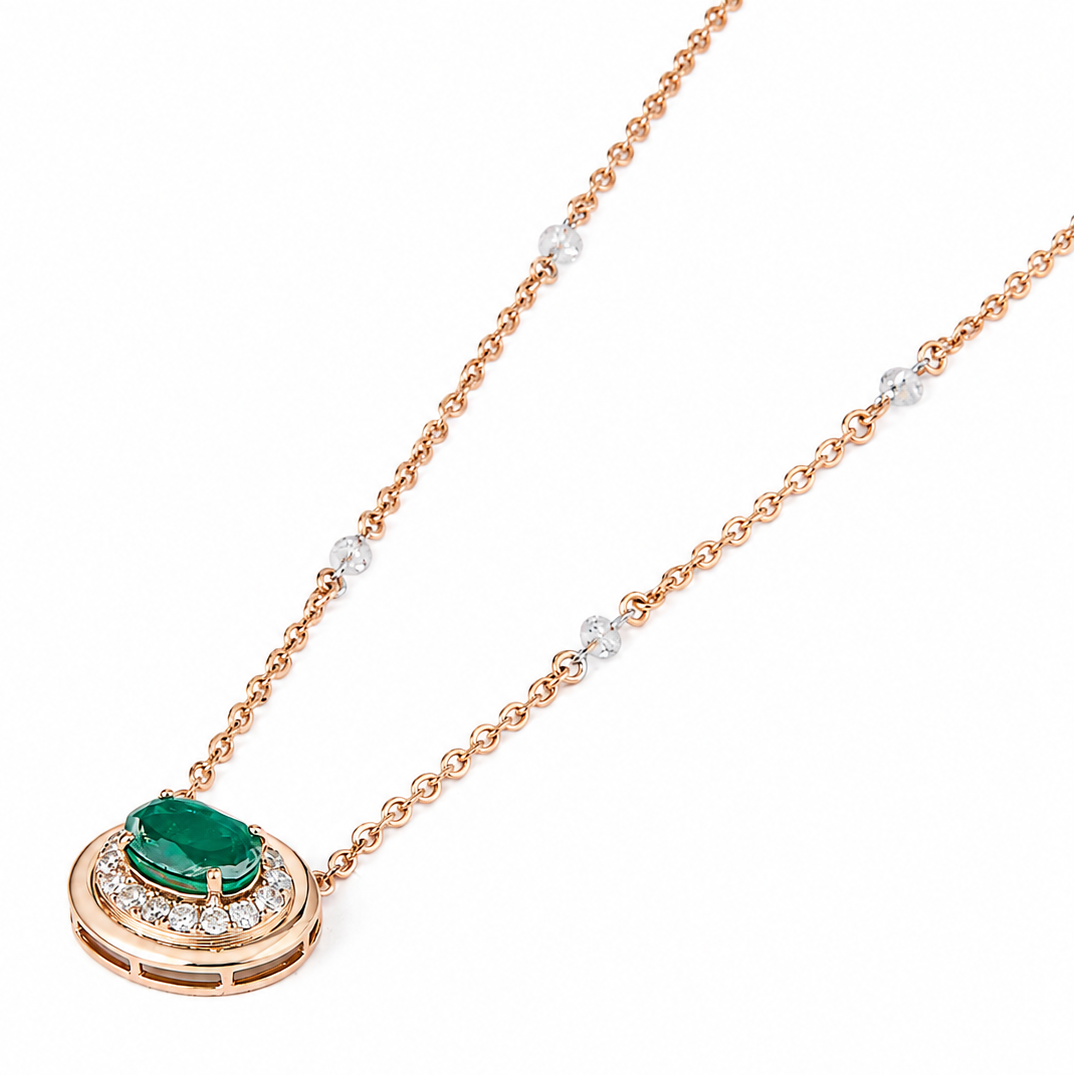 Oval Emerald Diamond Halo Necklace
