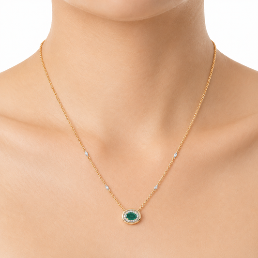 Oval Emerald Diamond Halo Necklace