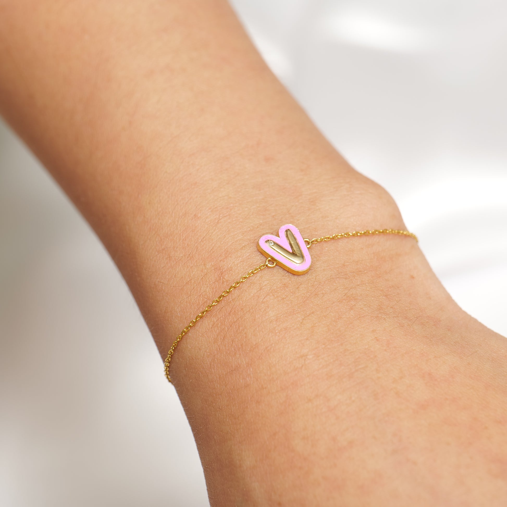 Pink Enamel V Initial Diamond Bracelet - ILBR2040