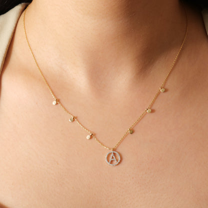 Diamond Initial Disc Necklace in 14K Gold — P01178 X P01179