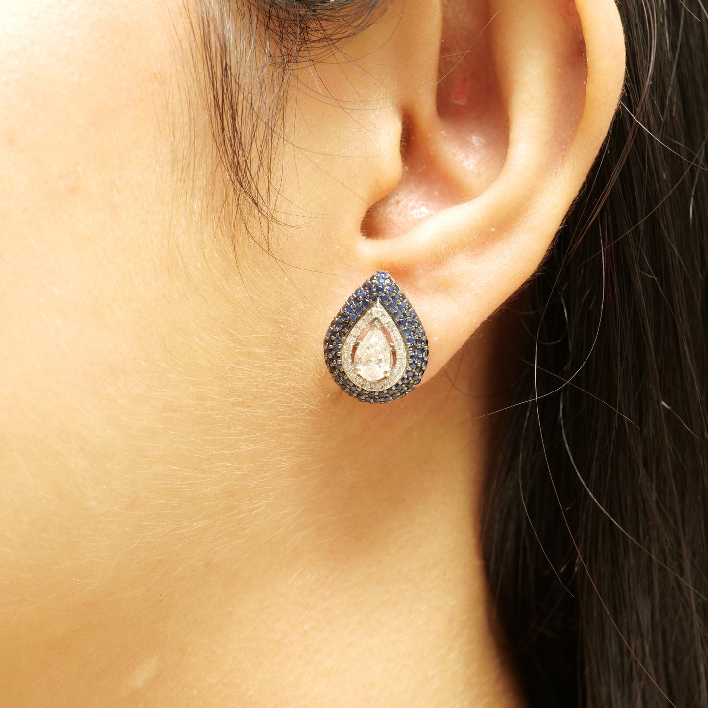 Pear Blue Sapphire Diamond Stud Earrings