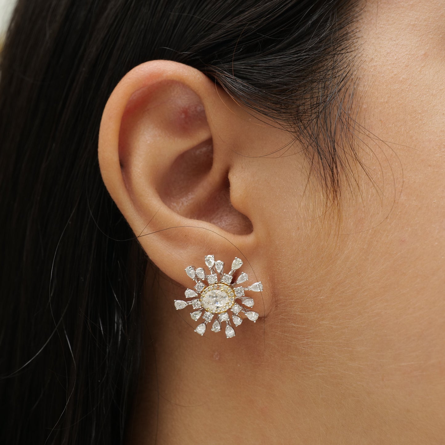 Oval Diamond Sunburst Stud Earrings
