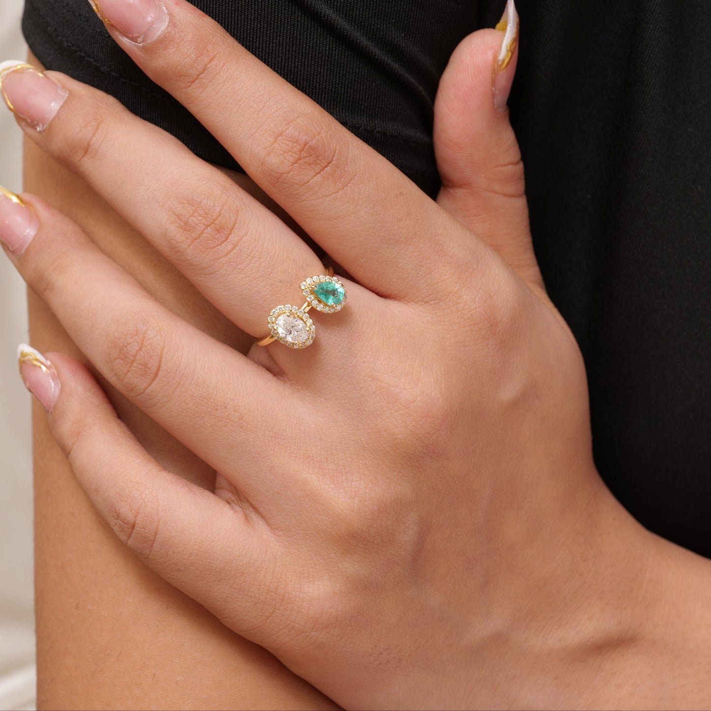 Emerald and Diamond Two Stone Ring