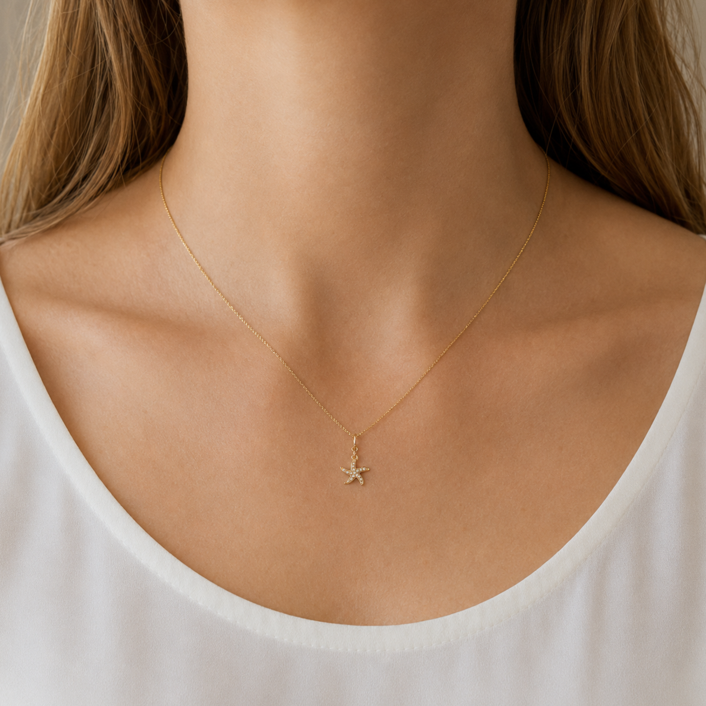 Natural Diamond Starfish Charm Pendant in 14K Solid Gold