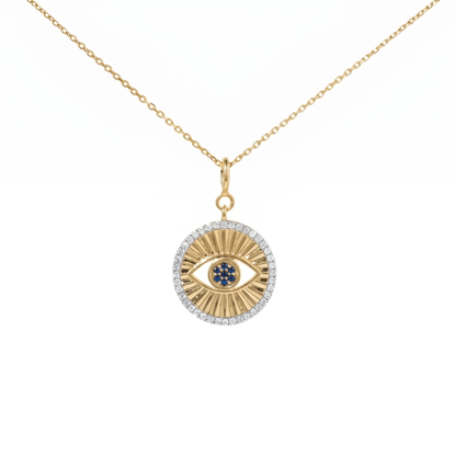 Natural Sapphire and Diamond Evil Eye Charm in 14K Solid Gold