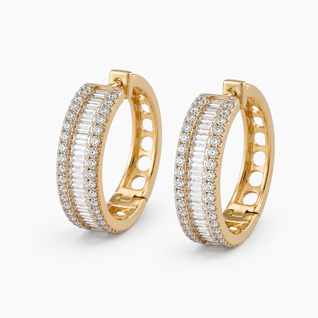 Baguette and Round Natural Diamond Hoop Earrings — E00928