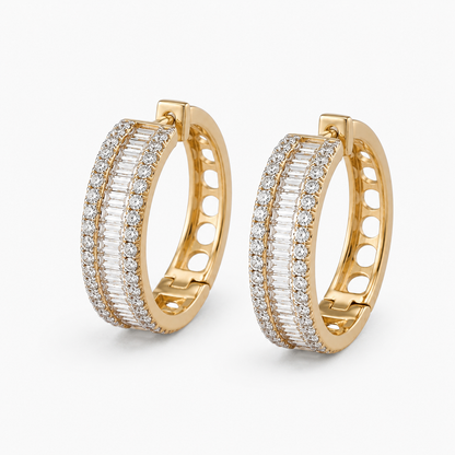 Baguette and Round Natural Diamond Hoop Earrings — E00928