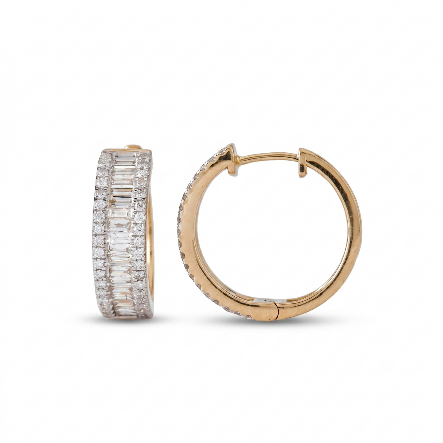 Baguette and Round Natural Diamond Hoop Earrings — E00928