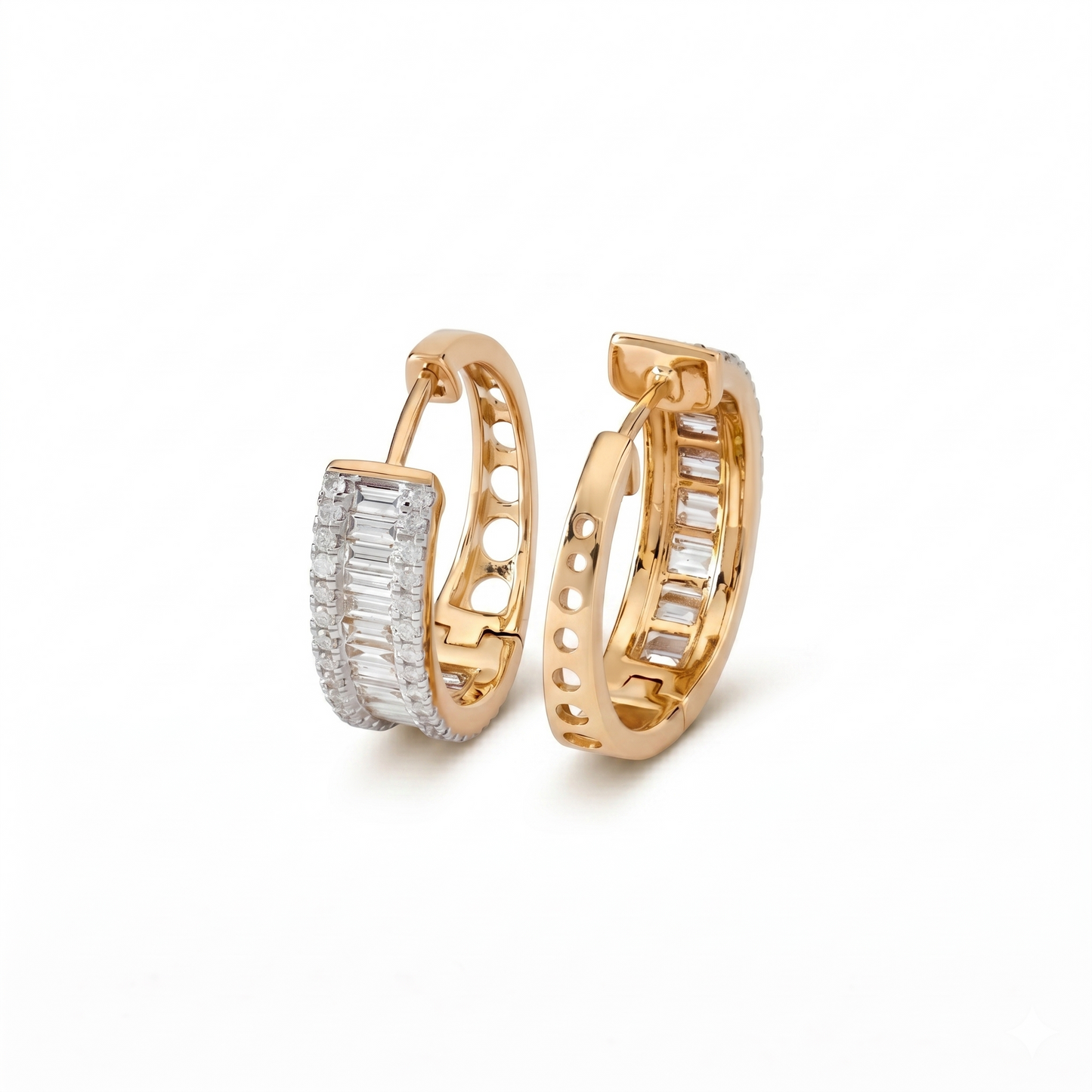 Baguette and Round Natural Diamond Hoop Earrings — E00928