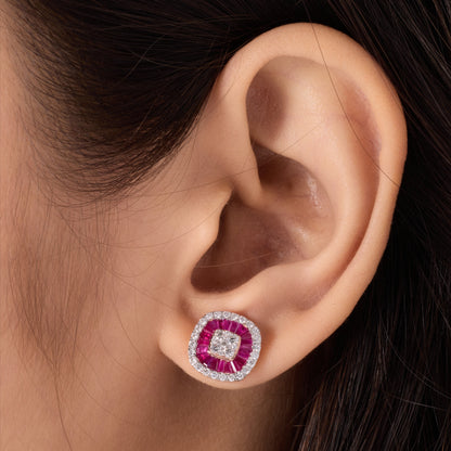 Ruby Baguette Diamond Double Halo Stud Earrings