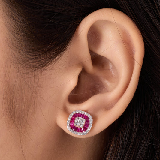 Ruby Baguette Diamond Double Halo Stud Earrings