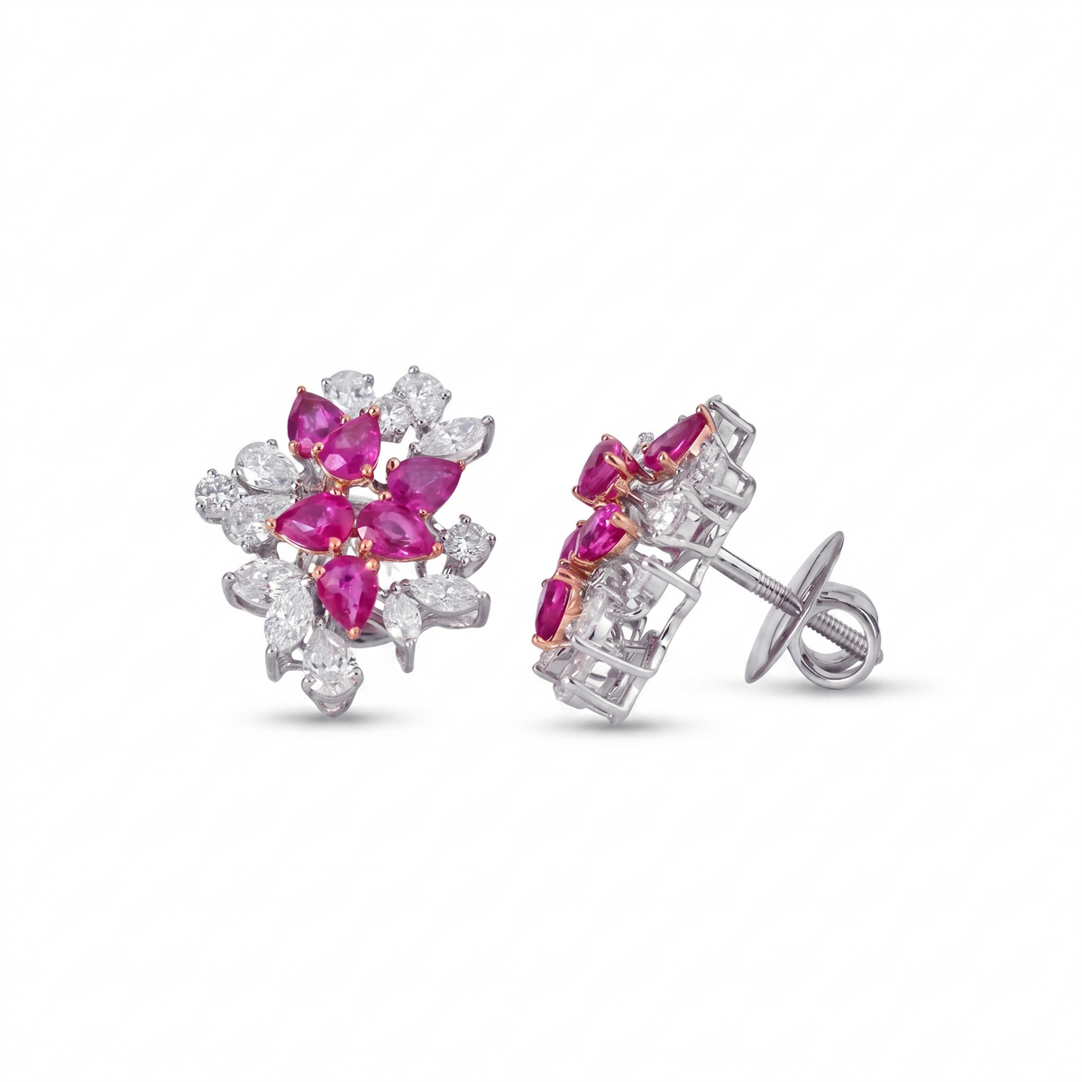 Ruby Diamond Floral Bloom Stud Earrings