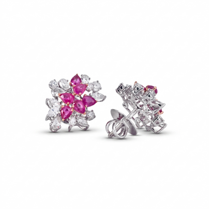 Ruby Diamond Floral Bloom Stud Earrings