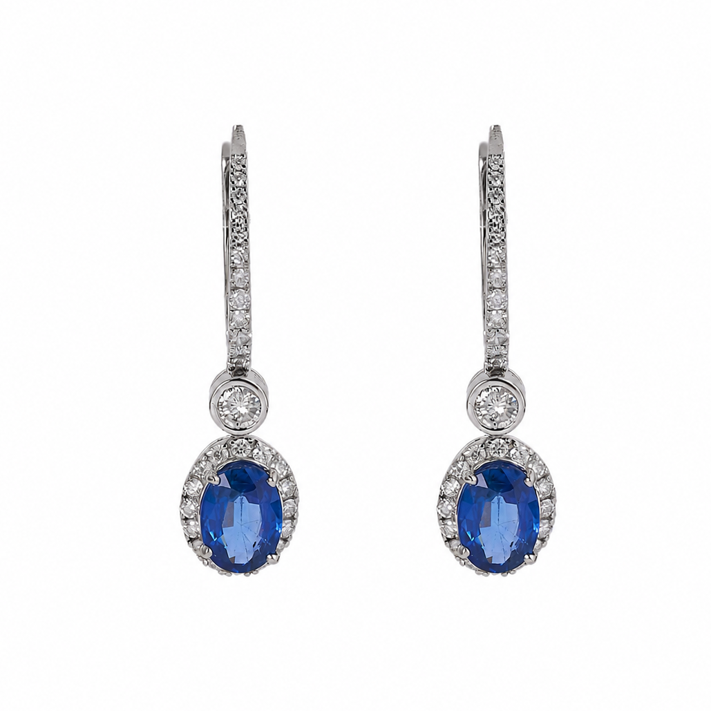 Blue Sapphire Diamond Halo Drop Earrings
