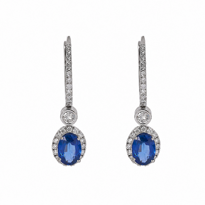 Blue Sapphire Diamond Halo Drop Earrings