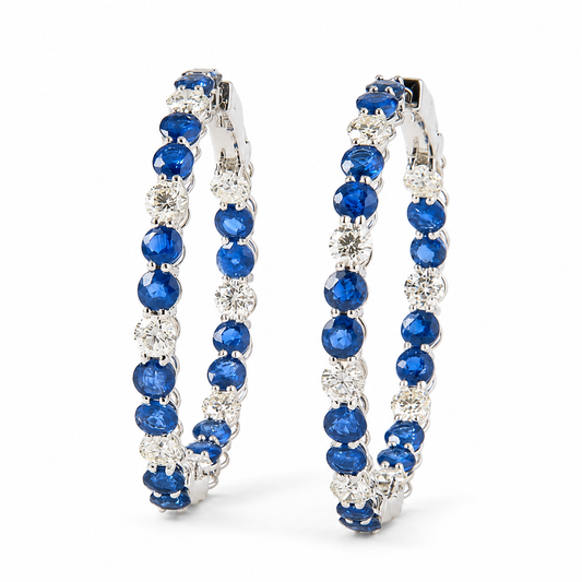 Natural Blue Sapphire Diamond Hoop Earrings - E5123