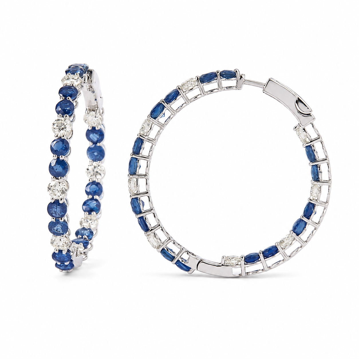 Natural Blue Sapphire Diamond Hoop Earrings - E5123