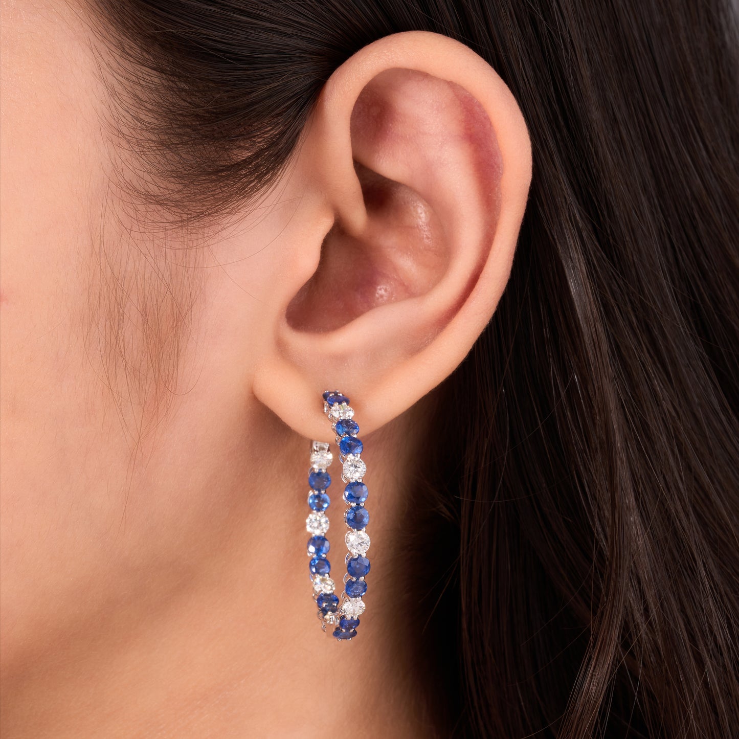 Natural Blue Sapphire Diamond Hoop Earrings - E5123