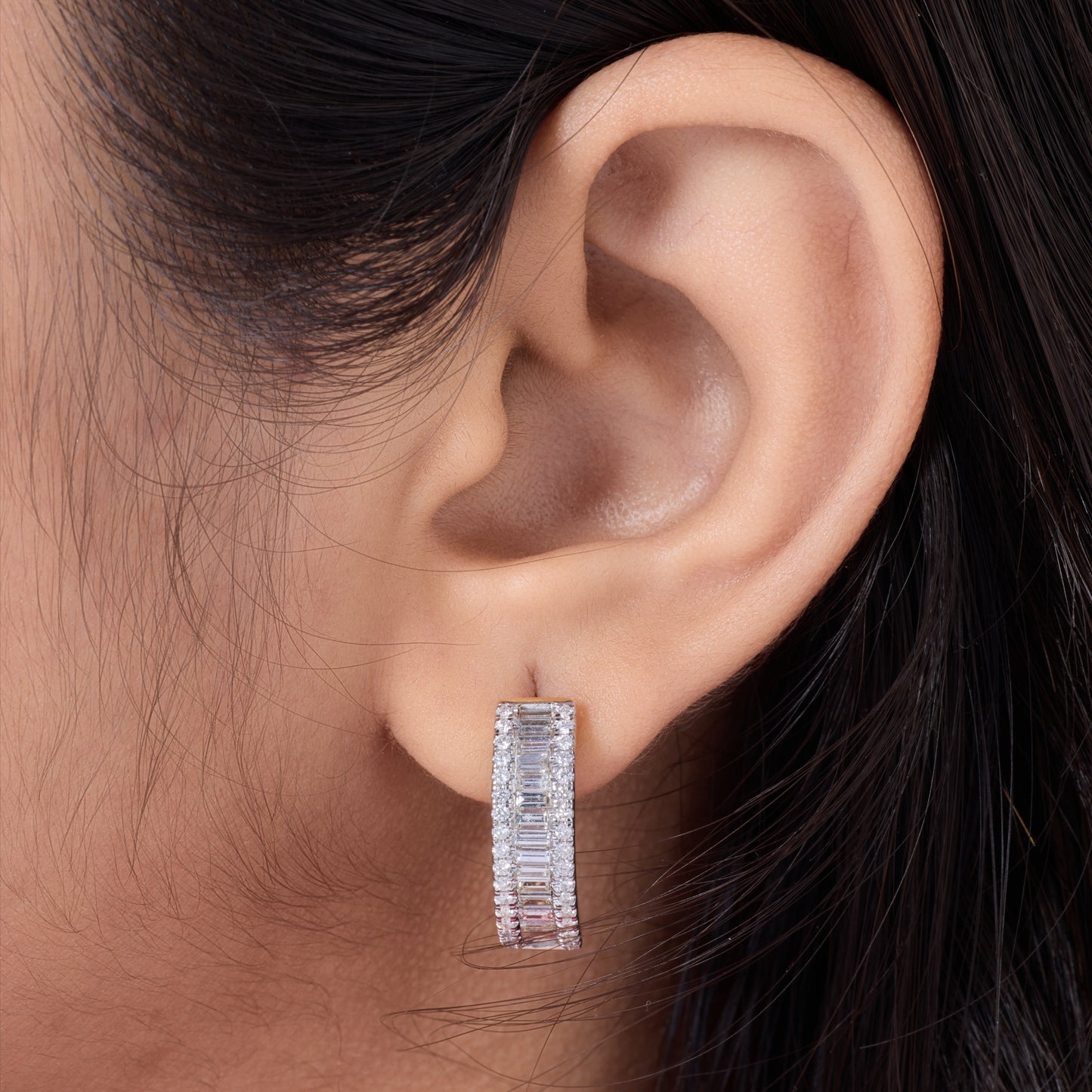 Baguette and Round Natural Diamond Hoop Earrings — E00928