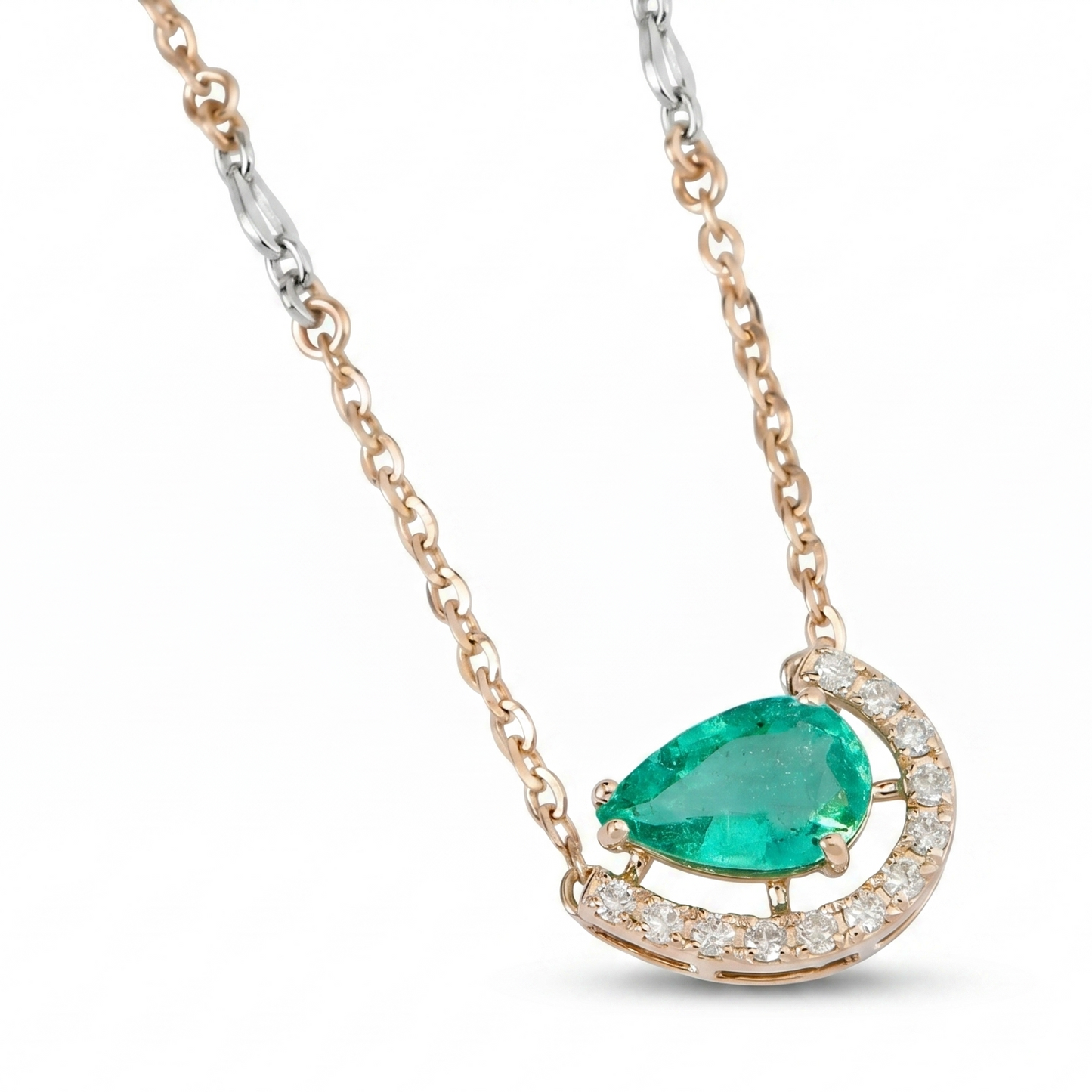 Pear Emerald Diamond Crescent Moon Necklace