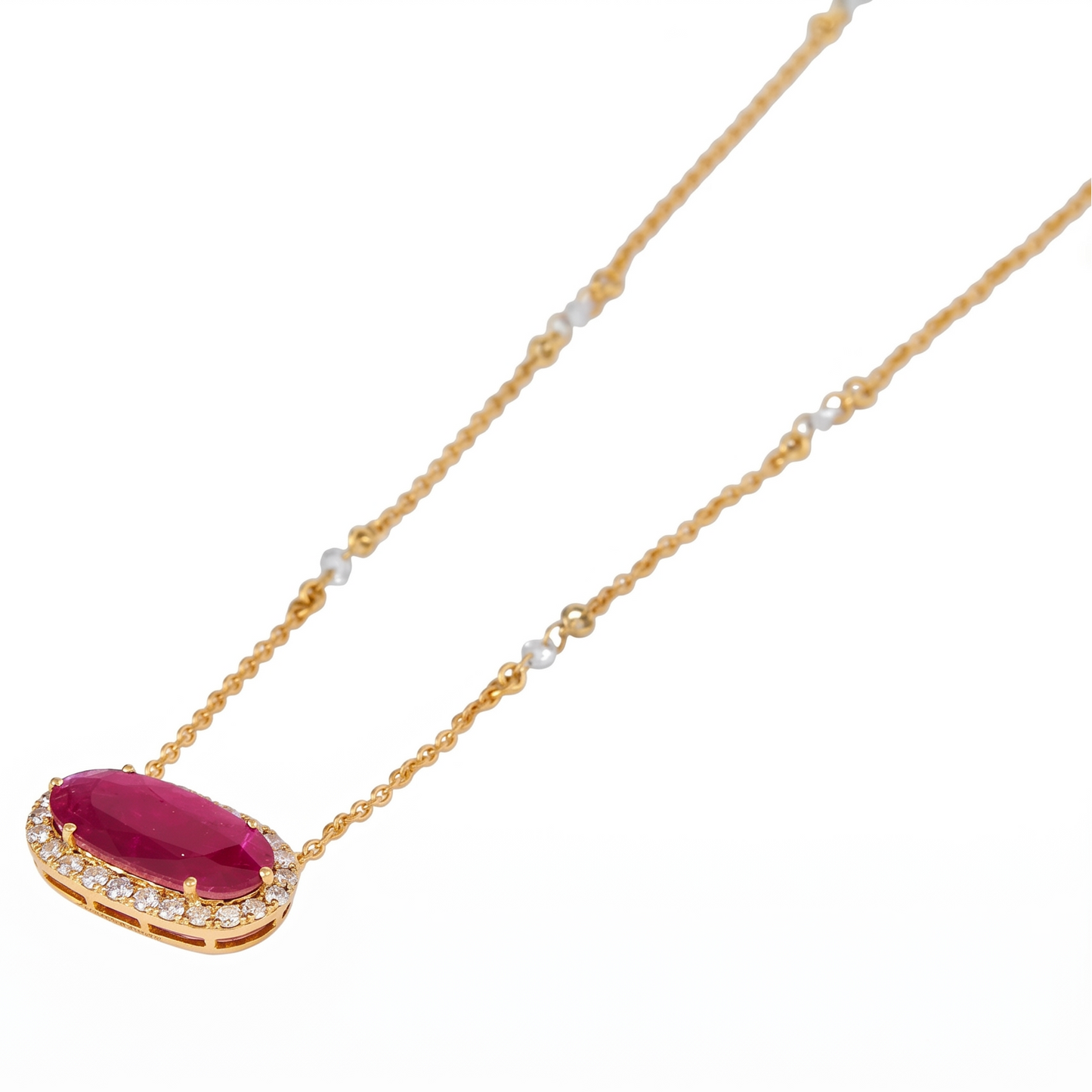 East West Ruby Diamond Halo Necklace