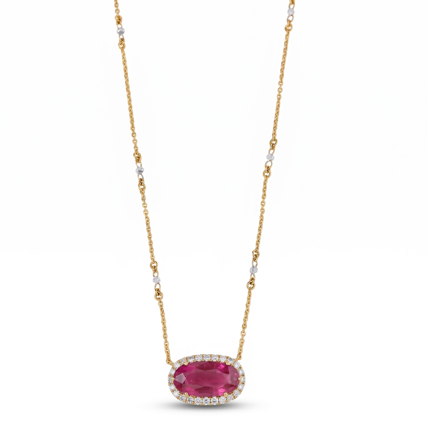 East West Ruby Diamond Halo Necklace