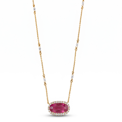 East West Ruby Diamond Halo Necklace