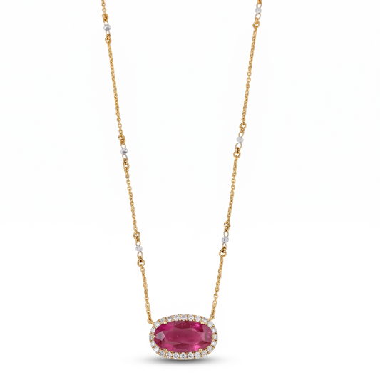 East West Ruby Diamond Halo Necklace