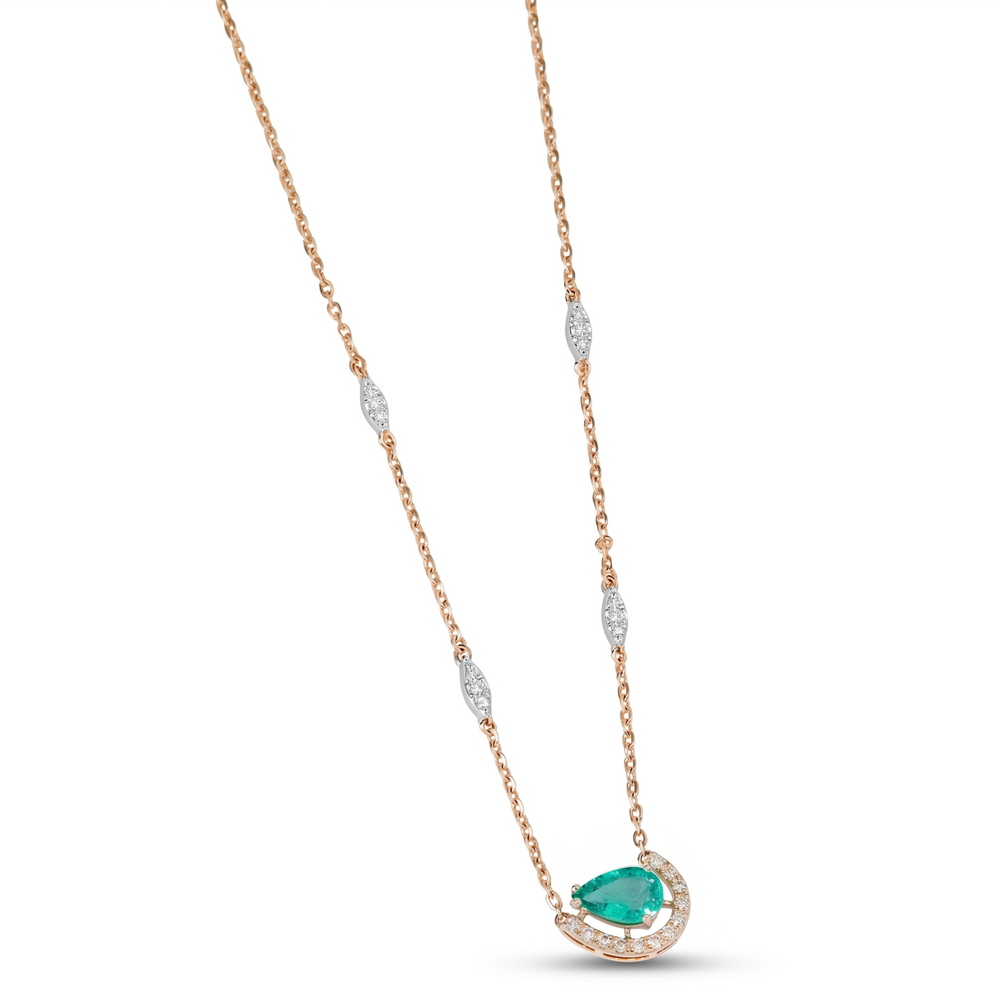 Pear Emerald Diamond Crescent Moon Necklace