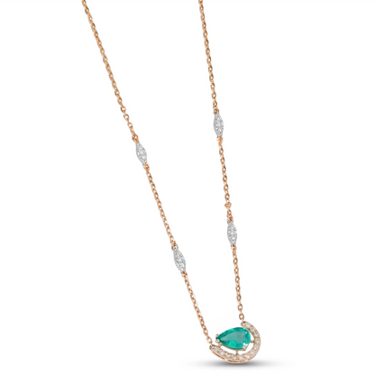 Pear Emerald Diamond Crescent Moon Necklace