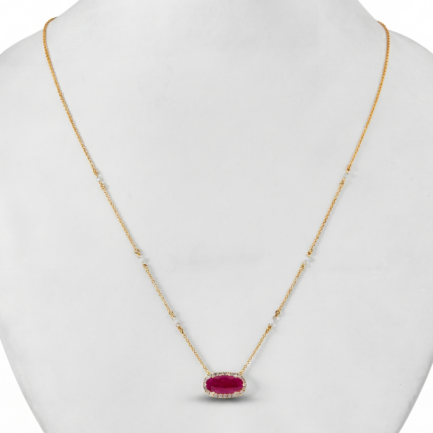 East West Ruby Diamond Halo Necklace