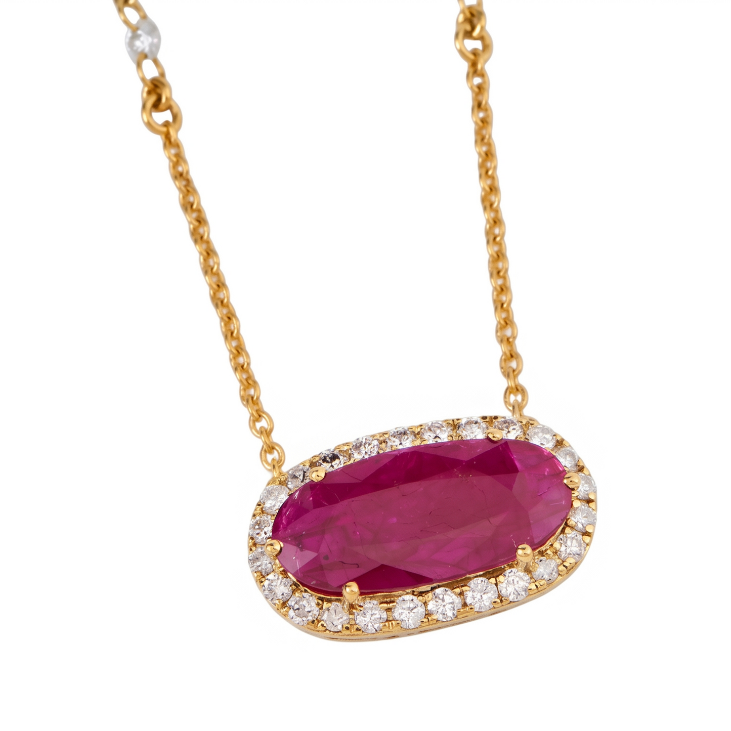 East West Ruby Diamond Halo Necklace