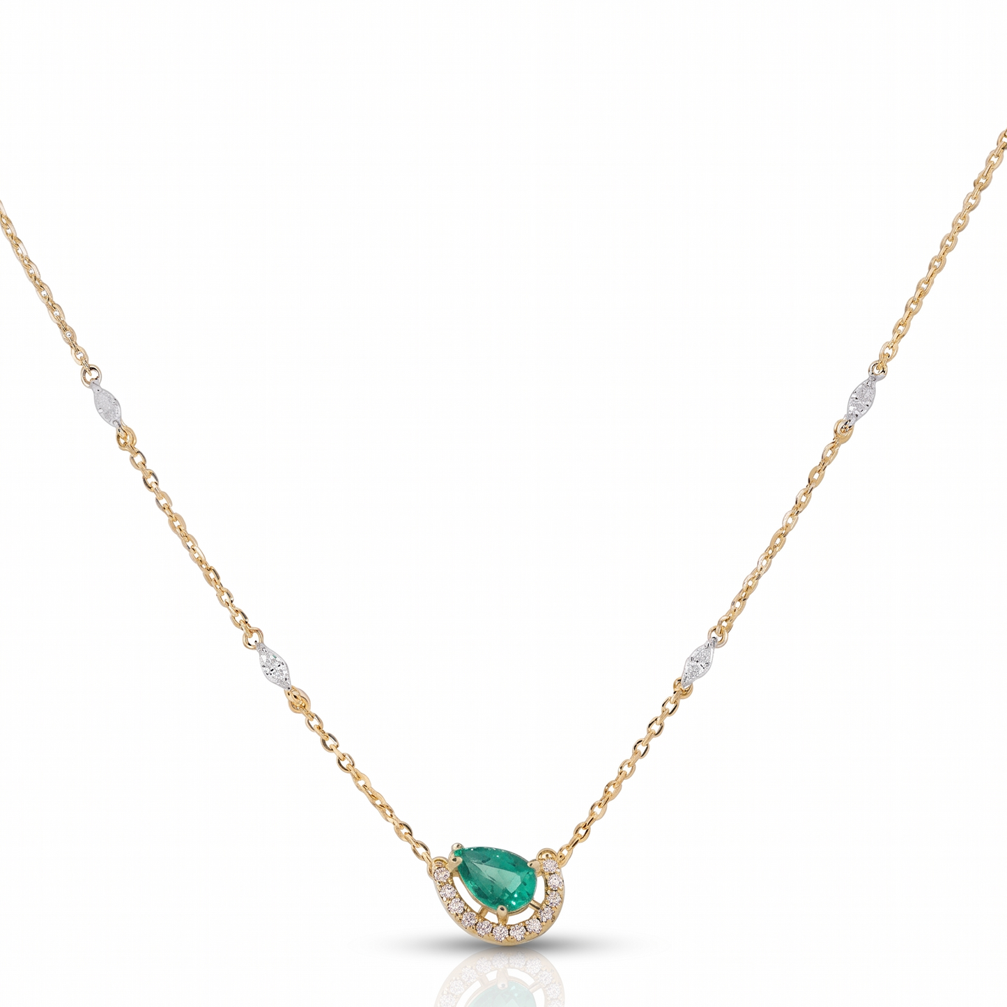 Pear Emerald Diamond Crescent Moon Necklace
