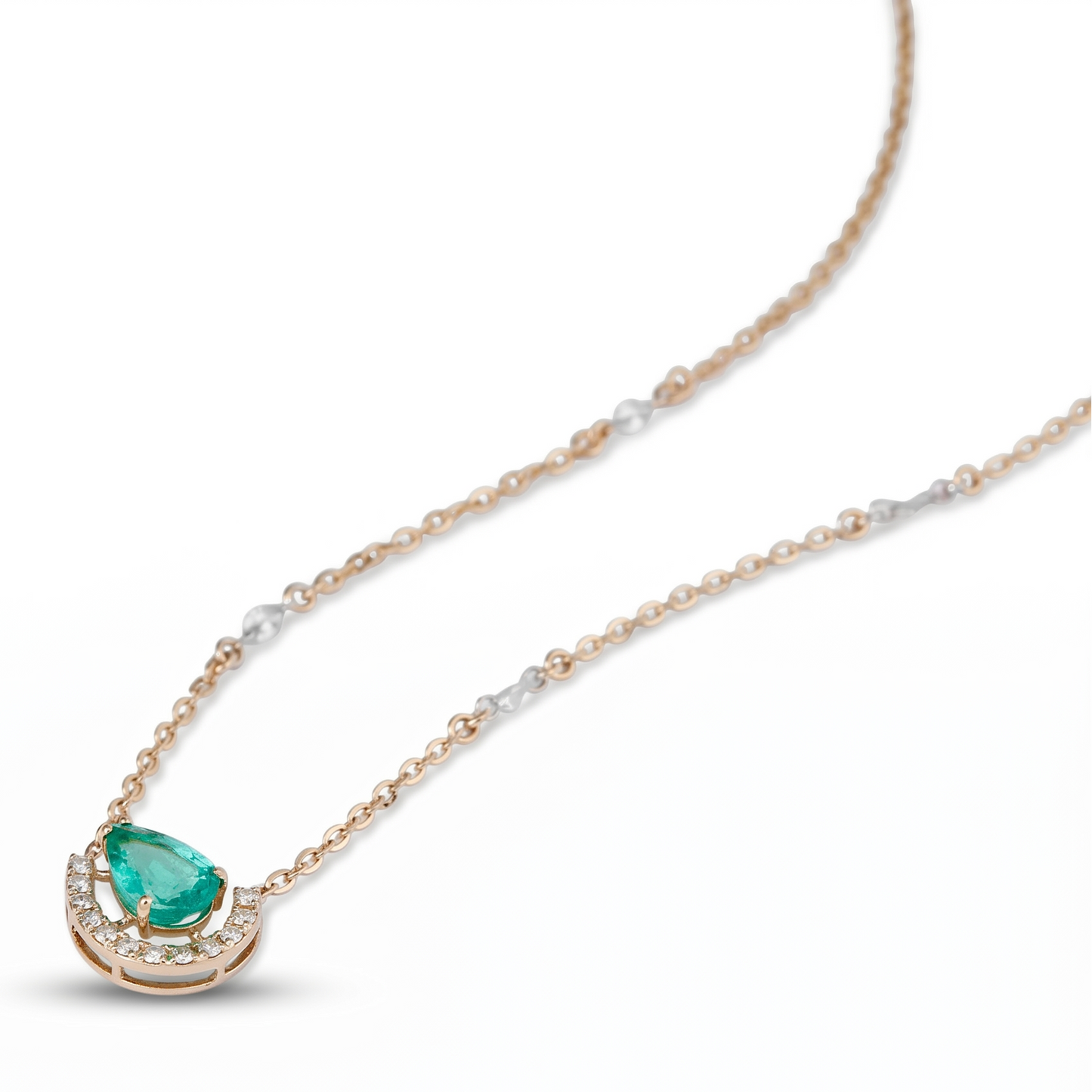 Pear Emerald Diamond Crescent Moon Necklace