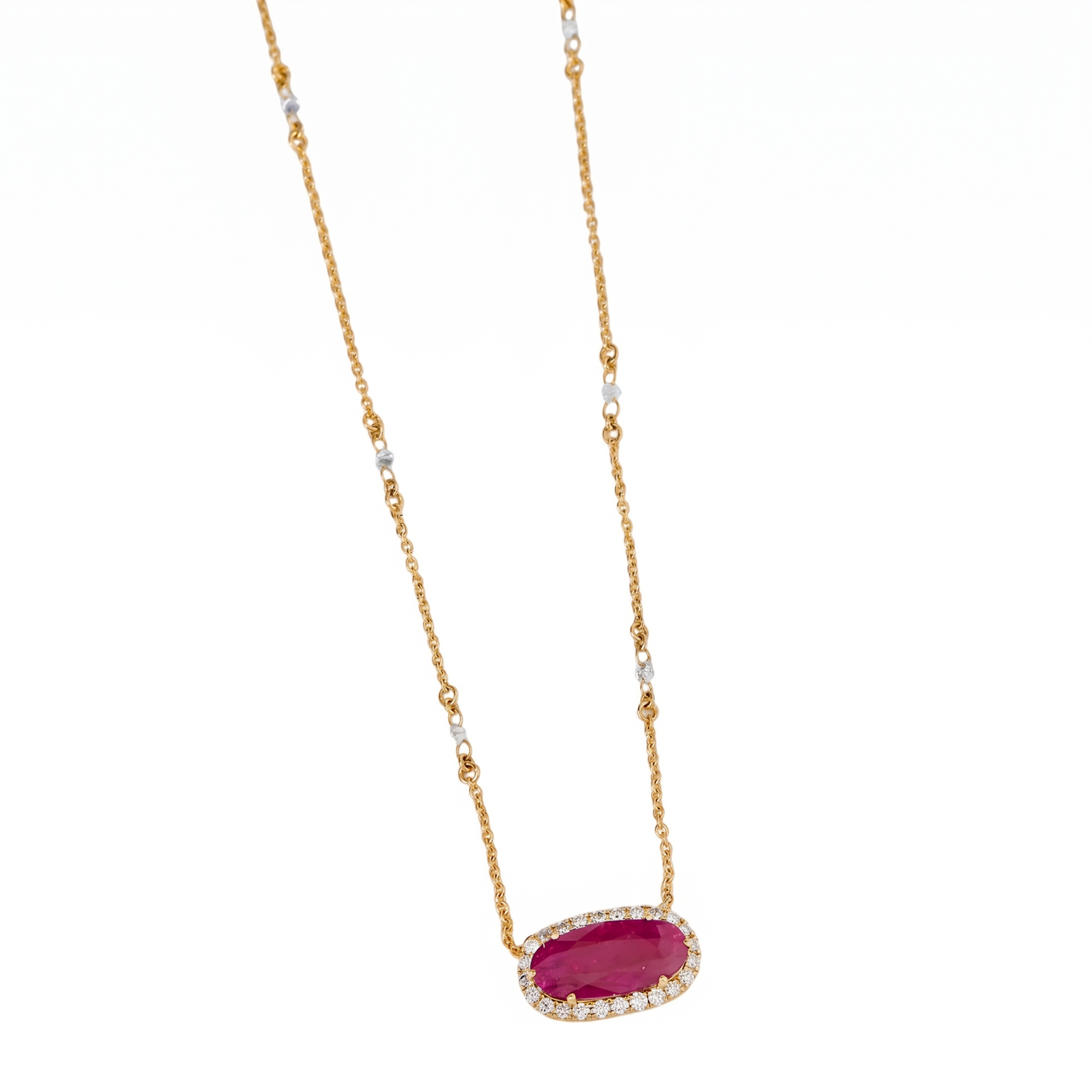 East West Ruby Diamond Halo Necklace
