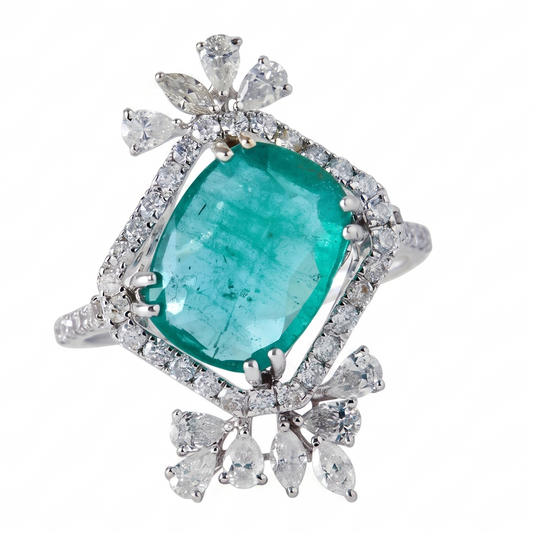 Cushion Emerald Diamond Cluster Cocktail Ring