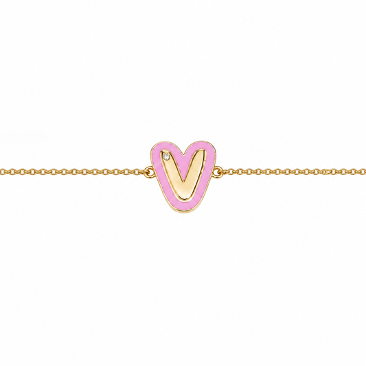 Pink Enamel V Initial Diamond Bracelet - ILBR2040