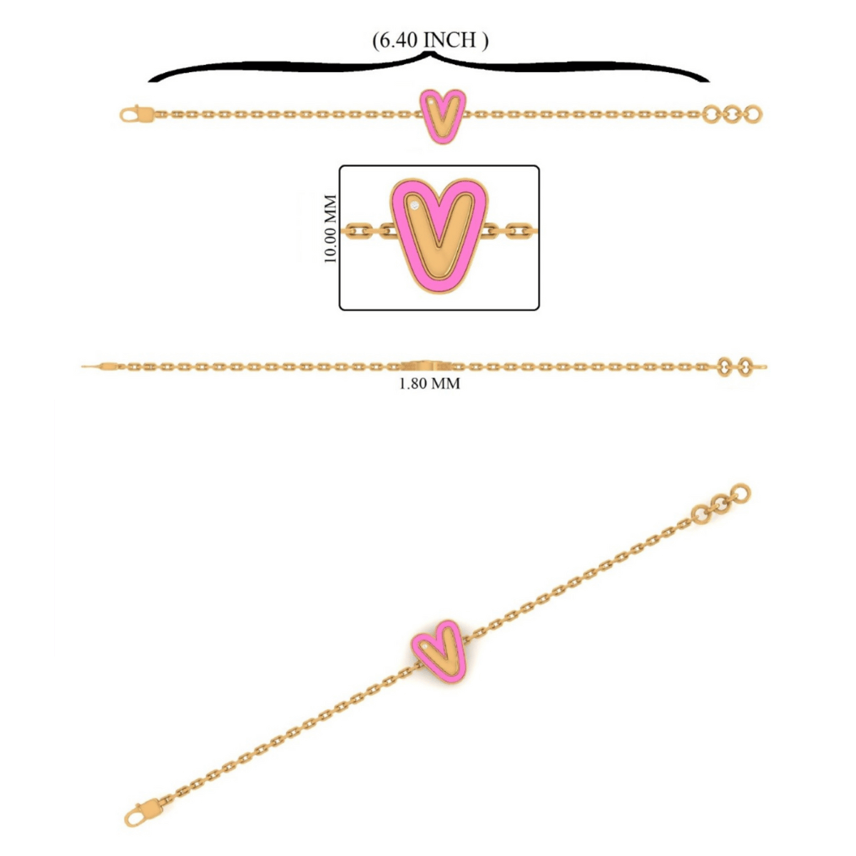 Pink Enamel V Initial Diamond Bracelet - ILBR2040