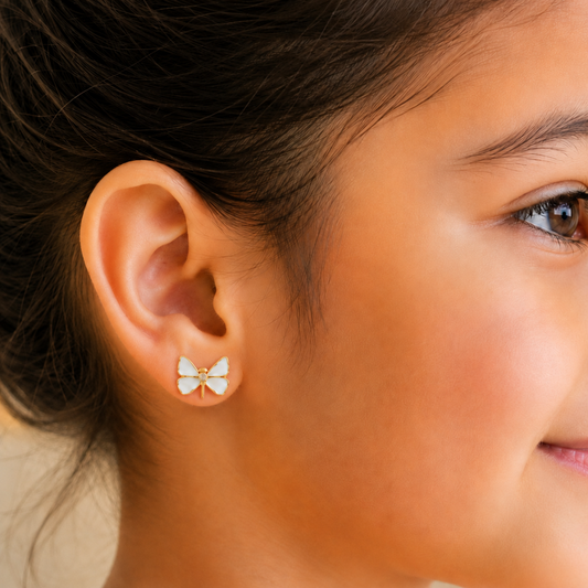 Kids Mother Of Pearl Butterfly Diamond Stud Earrings