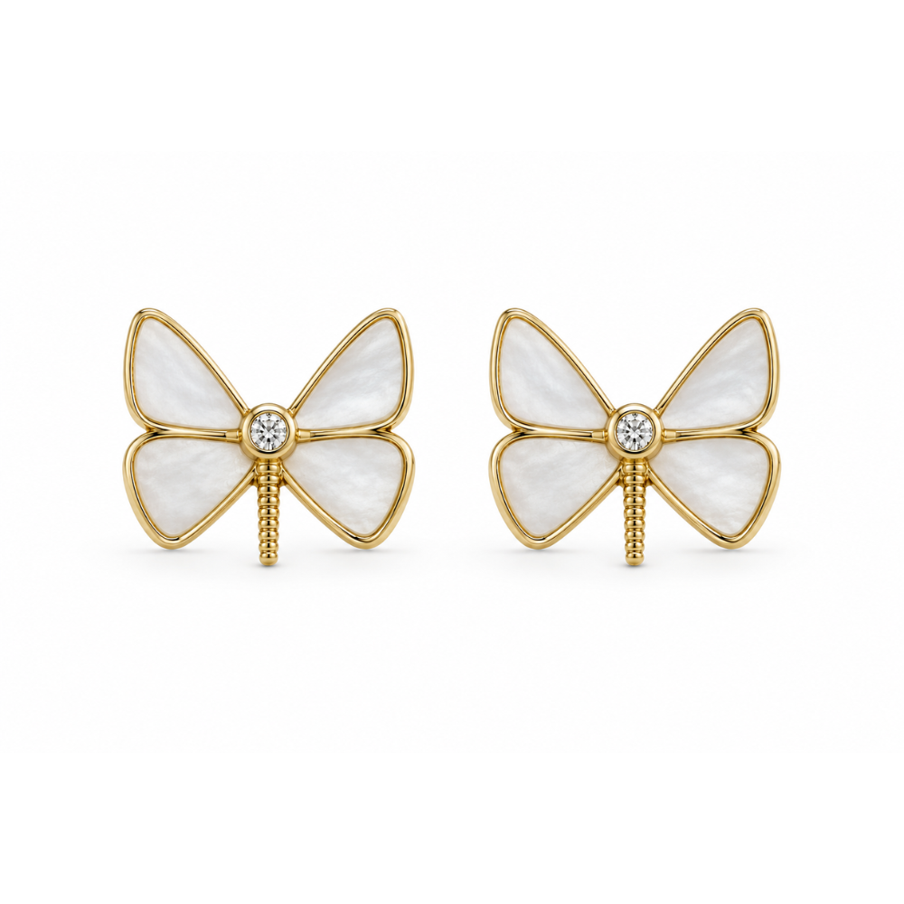 Kids Mother Of Pearl Butterfly Diamond Stud Earrings