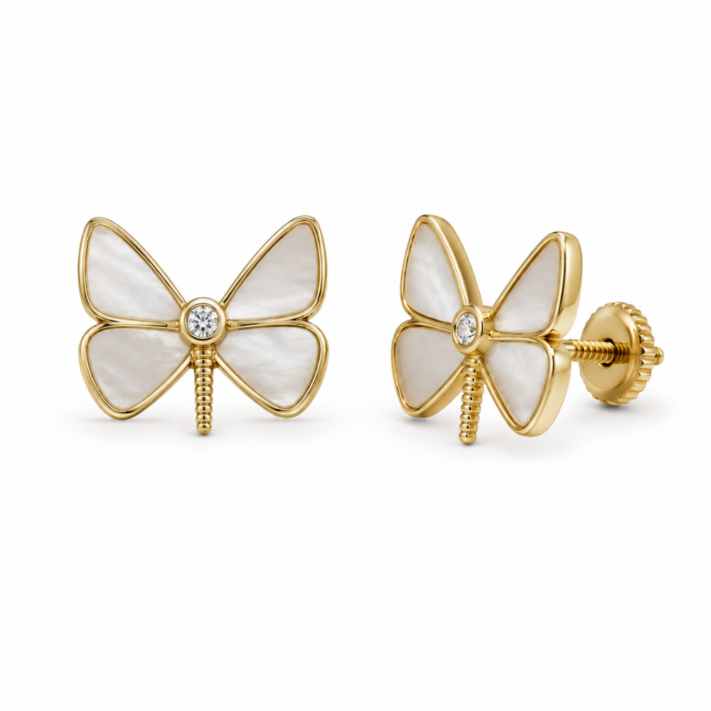 Kids Mother Of Pearl Butterfly Diamond Stud Earrings