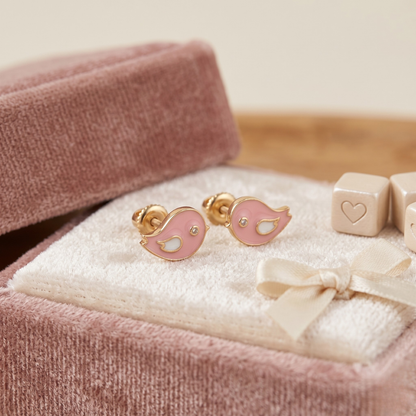 Kids Pink Bird Diamond Stud Earrings