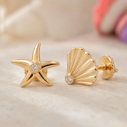 Starfish and Seashell Diamond Kids Earrings