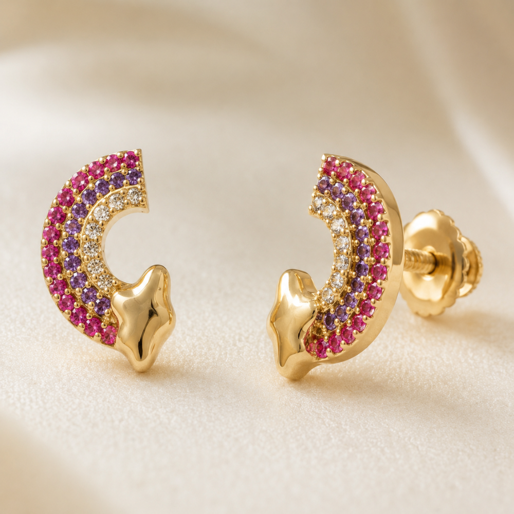 Kids Cloud Rainbow Diamond Gold Studs