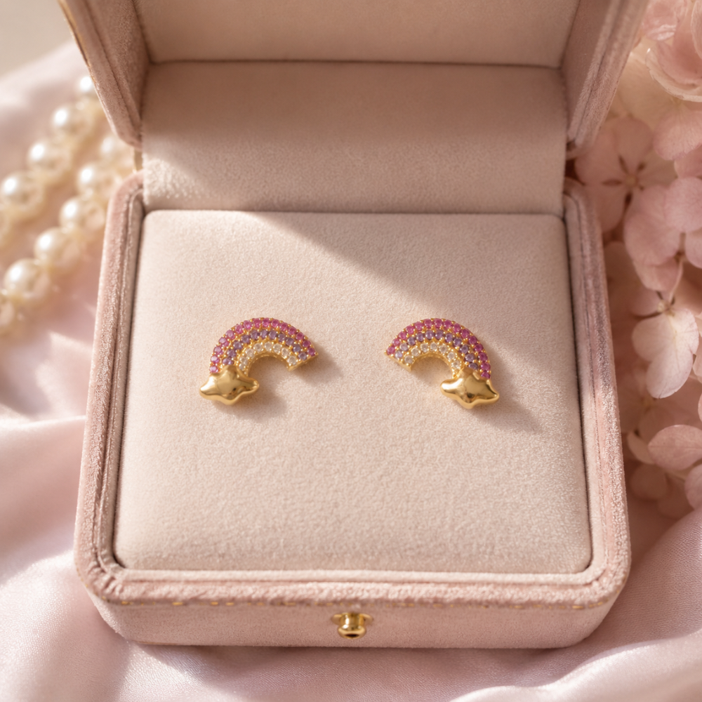 Kids Cloud Rainbow Diamond Gold Studs