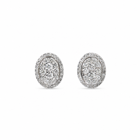 Oval Diamond Halo Cluster Stud Earrings - ILER6283