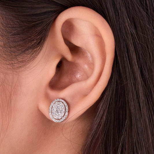Oval Diamond Halo Cluster Stud Earrings - ILER6283