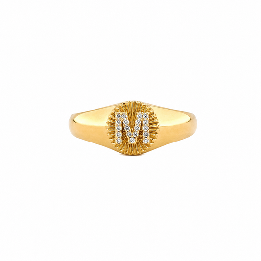 Textured Oval Initial Diamond Signet Ring - ILR4094