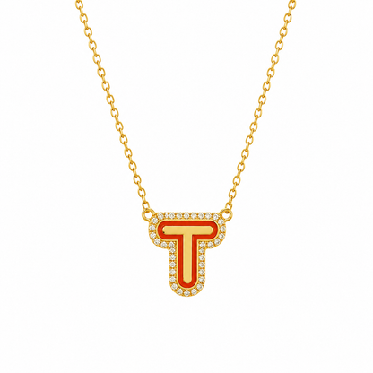 Enamel Initial Halo Diamond Necklace — IPD2033