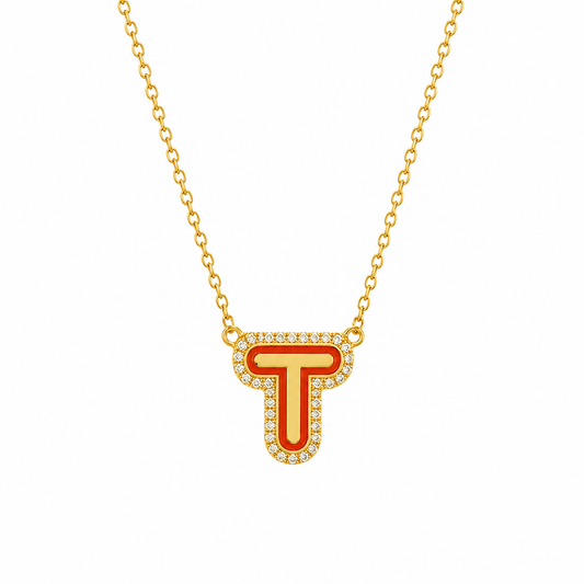 Enamel Initial Halo Diamond Necklace — IPD2033